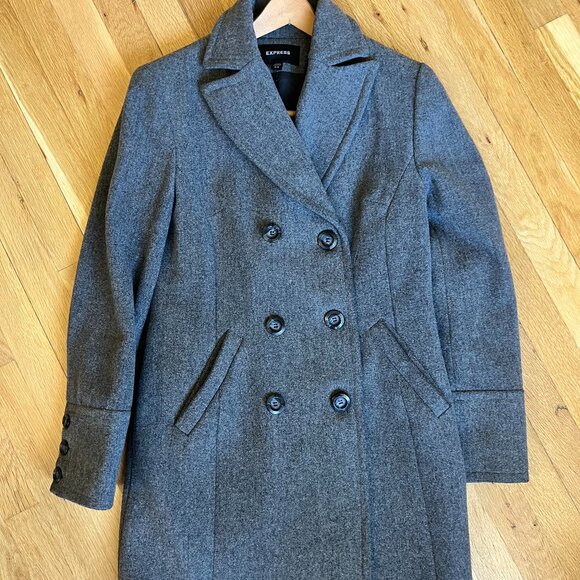 Express Wool Pea Coat Double Breasted Grey W 5/6 - Picture 1 of 3